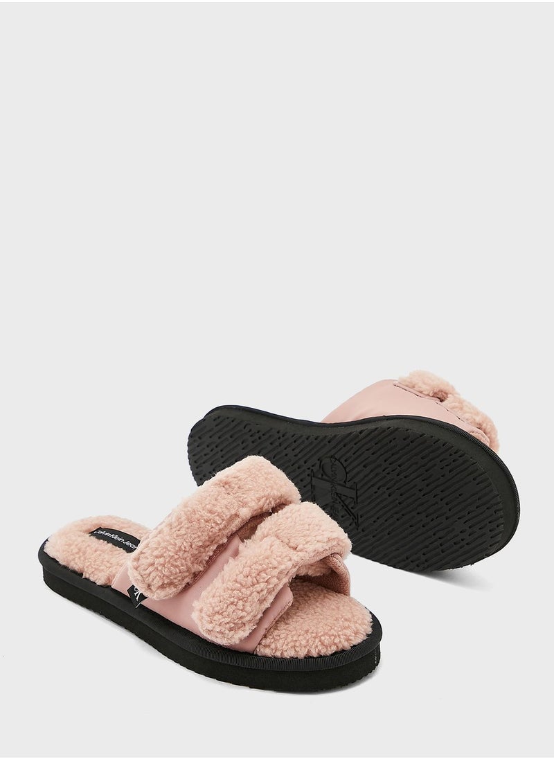 CALVIN KLEIN - Shearling Velcro Strap Slides - Image 1