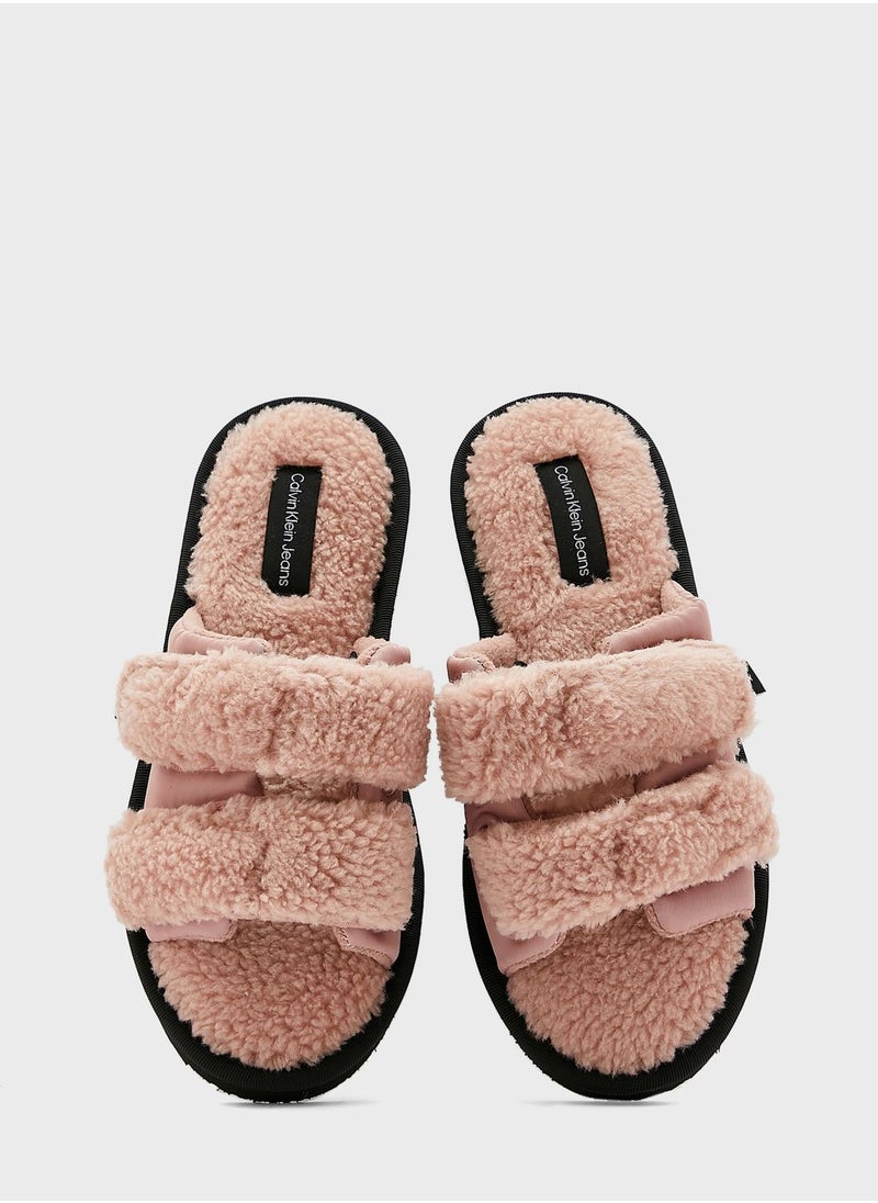 CALVIN KLEIN - Shearling Velcro Strap Slides - Image 1