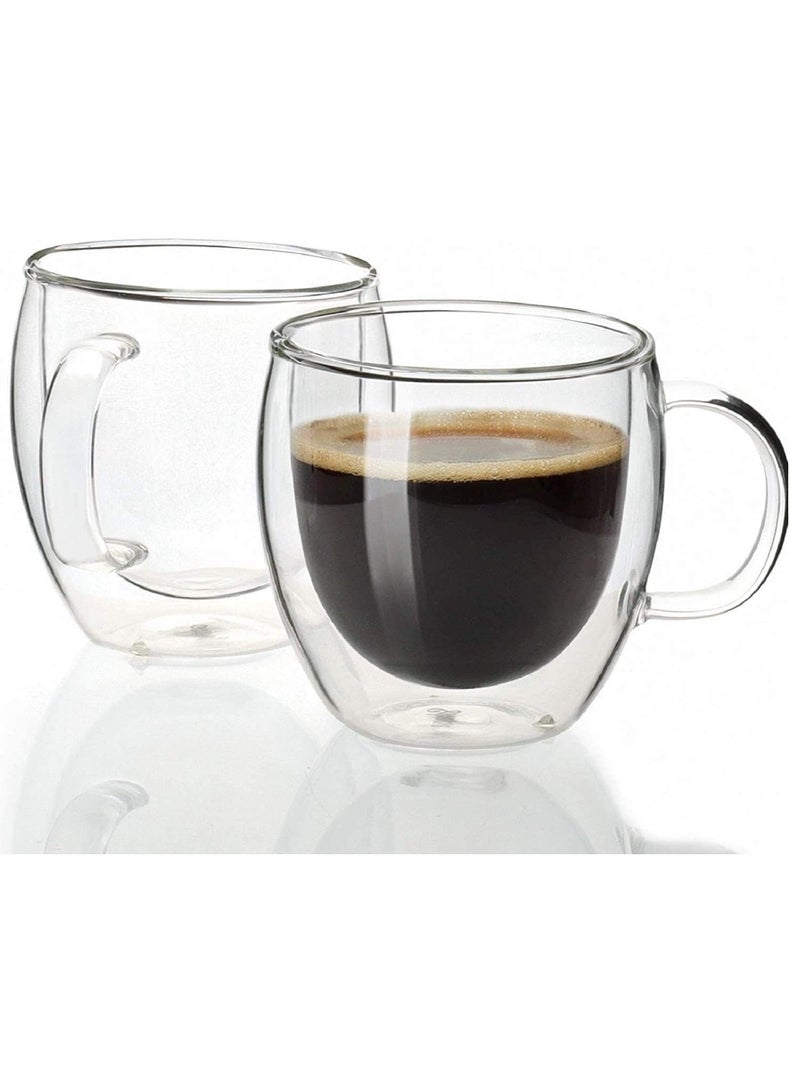 2 Pcs Double Wall Glass Coffee Mugs with Handle, Insulated Coffee Glass, Clear Espresso Cups, Heat-resistant Double-layer Milk Mugs, Tea Cups, Set of 2, Dishwasher Microwave Safe  - Image 1