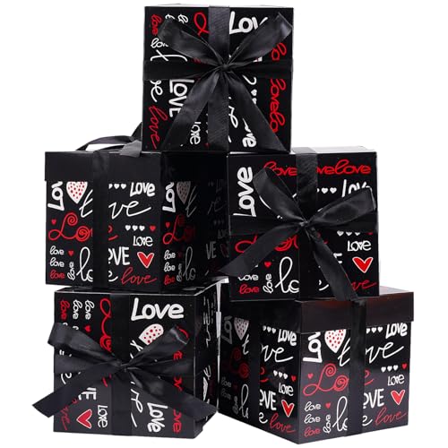 Jaywayang 5 Pack Black Valentine Gift Boxes with Lids, Ribbons and Tissue Papers Square Gift Boxes - 7.1 Inch - Presents Wrapping Valentine's Day Decoration Birthday Anniversary Party Favor Boxes. - Image 1