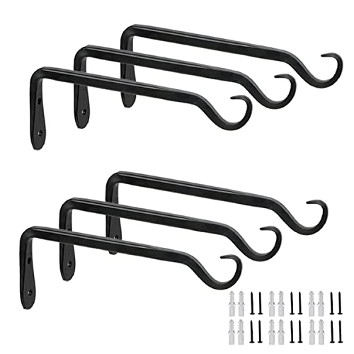 Worth Garden 6-Pack 7" Plant Hanger Bracket - Forged Wrought Iron Powder-Coated Heavy Duty Wall Hook - Black Hanging Hooks - Durable and Stable for Bird Feeders, Planters Indoor & Outdoor - Image 1