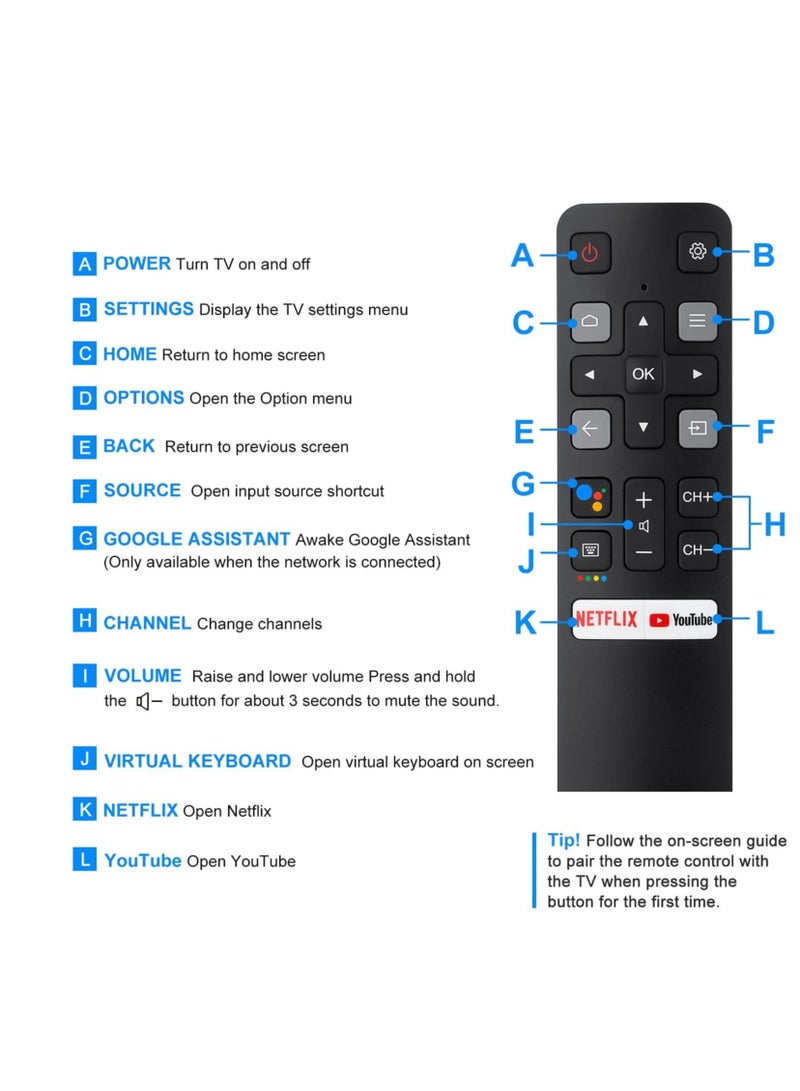 Introducing the Enhanced Voice Control Remote for TCL Android TVs - Upgrade Your Experience with the RC802V. Unlock the Power of Google Voice Functionality, Complete with Dedicated Buttons for Seamles