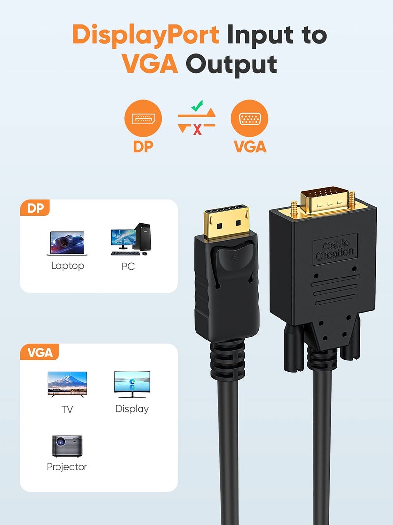 CableCreation Displayport to VGA Cable 6FT, Displayport to VGA Adapter Gold Plated 1080P@60Hz, Standard DP Male to VGA Male Cable, Compatible with Laptop, PC, TV, Projector, Black - Image 4