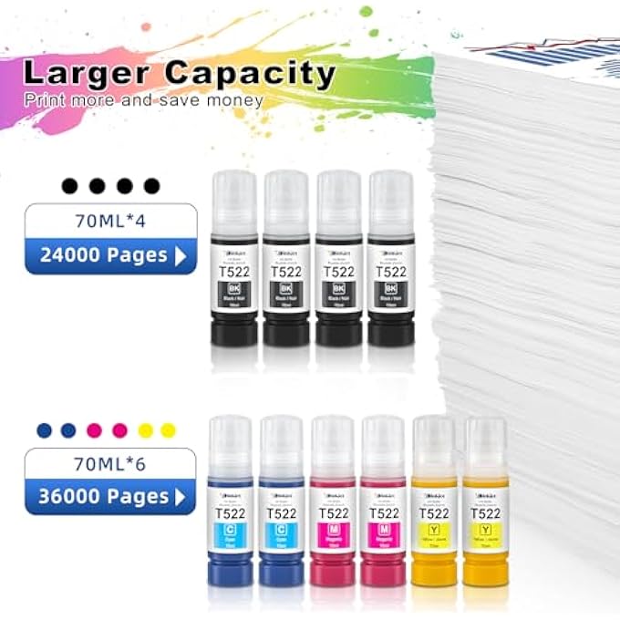 T522 INK REFILL BOTTLES COMPATIBLE FOR ET-2800 ET-2803 ET-4800 ET-2840 ET-2400 ET-2720 ET-4700 ET-4810 T522 ECO TANK PRINTER (BK C M Y,10PK) - Image 3