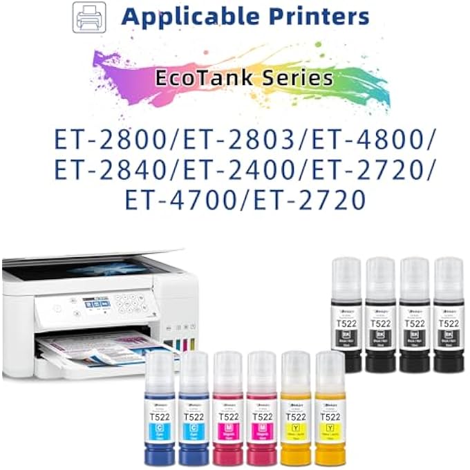 T522 INK REFILL BOTTLES COMPATIBLE FOR ET-2800 ET-2803 ET-4800 ET-2840 ET-2400 ET-2720 ET-4700 ET-4810 T522 ECO TANK PRINTER (BK C M Y,10PK) - Image 2