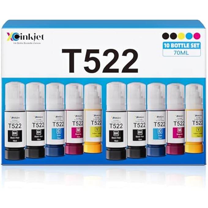 T522 INK REFILL BOTTLES COMPATIBLE FOR ET-2800 ET-2803 ET-4800 ET-2840 ET-2400 ET-2720 ET-4700 ET-4810 T522 ECO TANK PRINTER (BK C M Y,10PK) - Image 1