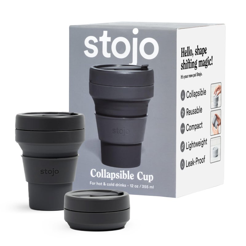 Stojo STOJO Collapsible Travel Cup  Reusable ToGo Pocket Size Silicone Bottle for Hot and Cold Drinks  Perfect for Camping  Microwave  Dishwasher Safe Carbon 12 Ounce Pack of 1  No Straw 