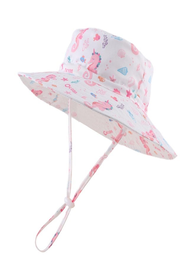 Peecabe Summer Baby Sun Hat for Boys Girls UPF 50+ Wide Brim Toddle Bucket Hat Adjustable Baby Beach Cap 0-8 Years (6-24 Months, White-Seahorse) - Image 1