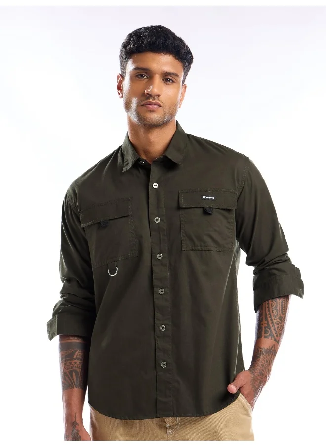 Beyoung Dark Olive Cargo Shirt for Men