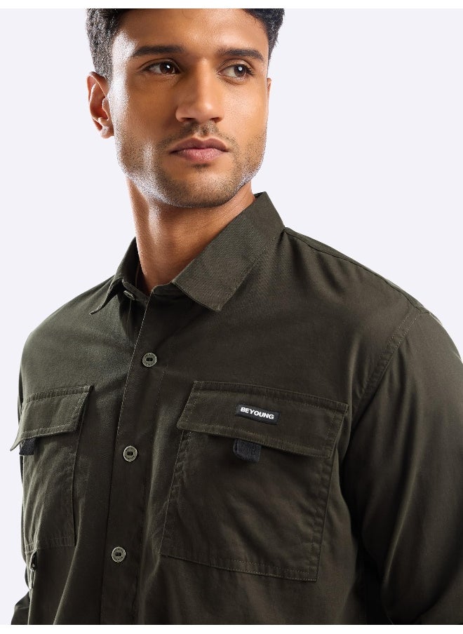 Beyoung Dark Olive Cargo Shirt for Men  - Image 5