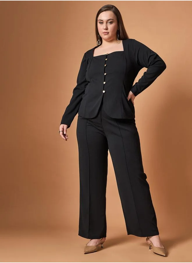 SASSAFRAS Plus Size Solid Front Button Top and Straight Pants Set