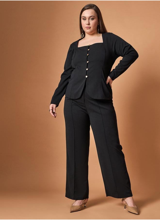 SASSAFRAS - Plus Size Solid Front Button Top and Straight Pants Set by Styli - Image 1