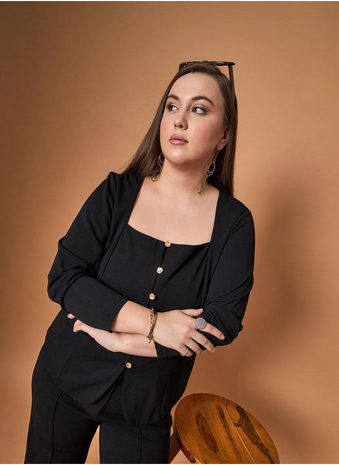 SASSAFRAS - Plus Size Solid Front Button Top and Straight Pants Set by Styli - Image 1