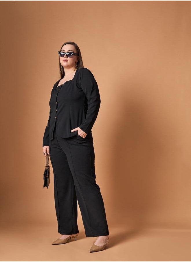 SASSAFRAS - Plus Size Solid Front Button Top and Straight Pants Set by Styli - Image 1