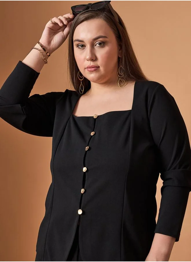 SASSAFRAS Plus Size Solid Front Button Top and Straight Pants Set by Styli