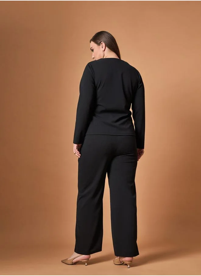 SASSAFRAS Plus Size Solid Front Button Top and Straight Pants Set by Styli