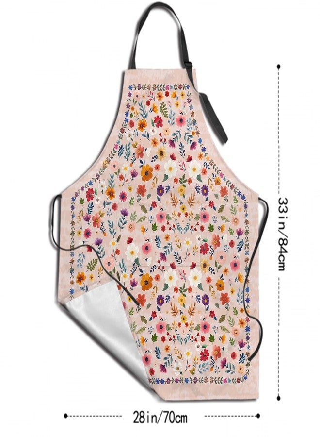 DZGlobal Floral Apron with 2 Pockets Pink Adjustable Neck Strap Chef Apron for Women Cooking Garden Painting - Image 2