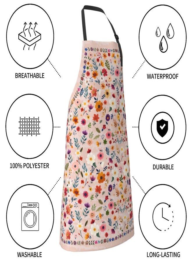 DZGlobal Floral Apron with 2 Pockets Pink Adjustable Neck Strap Chef Apron for Women Cooking Garden Painting - Image 4