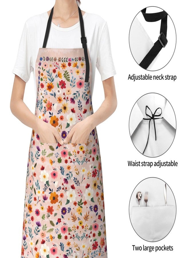 DZGlobal Floral Apron with 2 Pockets Pink Adjustable Neck Strap Chef Apron for Women Cooking Garden Painting - Image 3