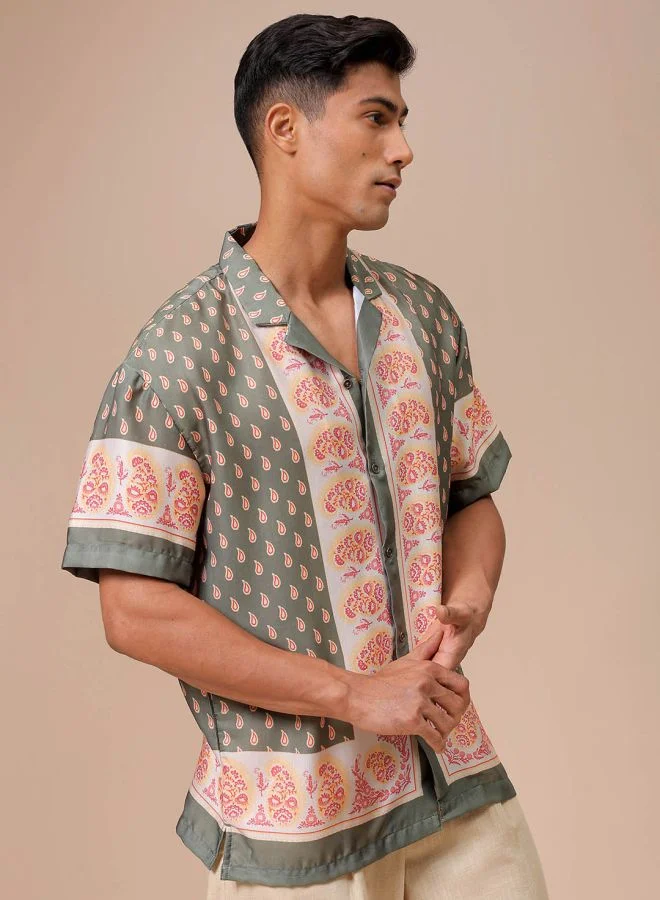 The Indian Garage Co Men Relaxed Fit Indie Printed Half Sleeves Cuban Collar Resort Wear Shirt