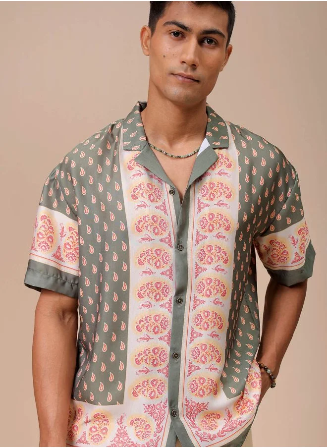 The Indian Garage Co Men Relaxed Fit Indie Printed Half Sleeves Cuban Collar Resort Wear Shirt