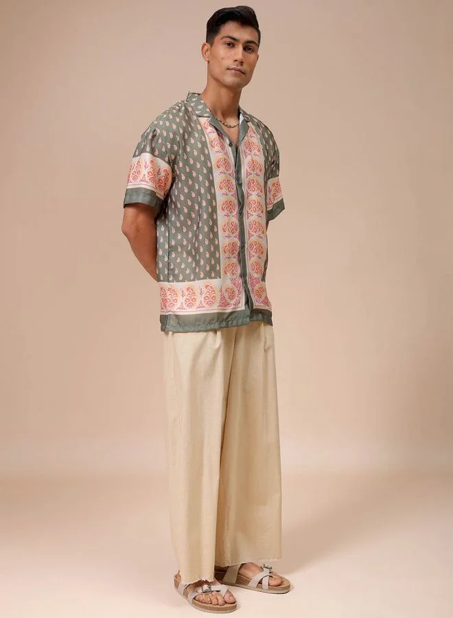 The Indian Garage Co Men Relaxed Fit Indie Printed Half Sleeves Cuban Collar Resort Wear Shirt