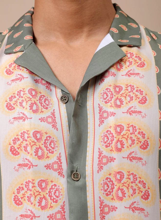 The Indian Garage Co Men Relaxed Fit Indie Printed Half Sleeves Cuban Collar Resort Wear Shirt