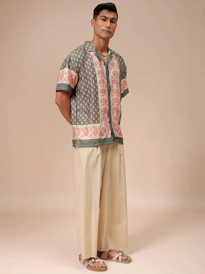 The Indian Garage Co Men Relaxed Fit Indie Printed Half Sleeves Cuban Collar Resort Wear Shirt