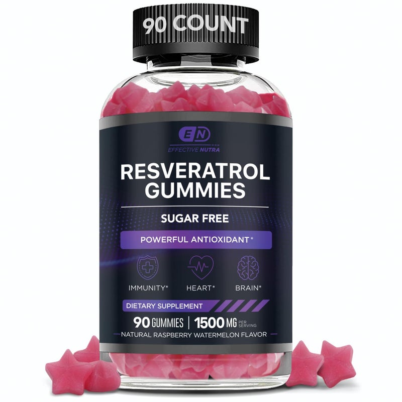 Effective Nutra EFFECTIVE NUTRA Resveratrol Gummies 1500mg SugarFree Supplement for Antioxidant Support Immunity Heart Health and Brain Function 45Day Supply Natural Berry Flavor Made in USA 90 Count