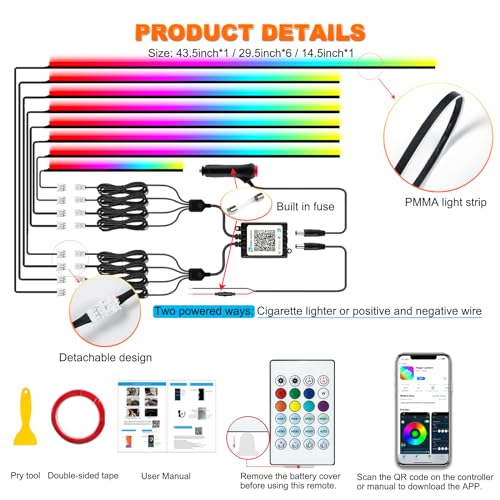 Jushope Interior Car LED Strip Lights, Acrylic LED Lights for Car with Dynamic Dreamcolor Chasing, Ambient Lighting Kits Music Sync Wireless APP and RF Remote Control (8 in 1) - Image 5