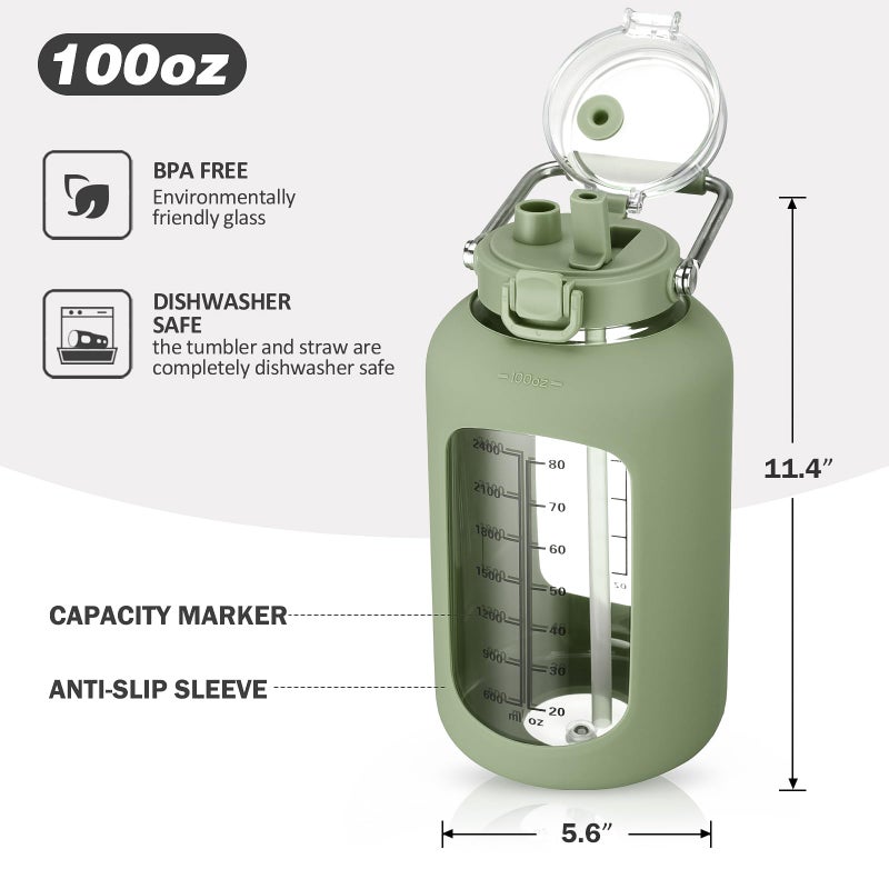 MUKOKO 100oz Glass Water Bottle with Time Marker and Silicone Sleeve 3L Large Water Jug with Stainless Steel Handle Gallon Drinking Bottle with 2-in-1 Lid Wide Mouth BPA Free, Oliver - Image 5