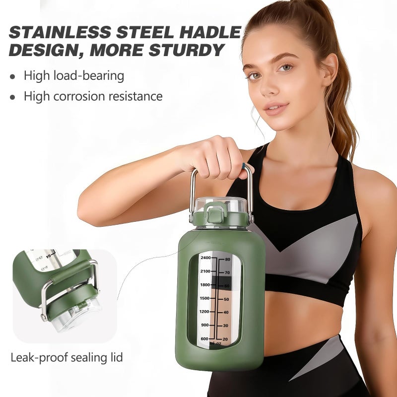 MUKOKO 100oz Glass Water Bottle with Time Marker and Silicone Sleeve 3L Large Water Jug with Stainless Steel Handle Gallon Drinking Bottle with 2-in-1 Lid Wide Mouth BPA Free, Oliver - Image 4