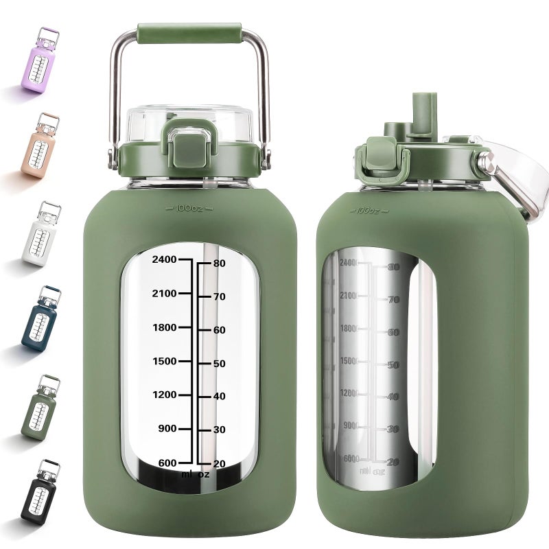 MUKOKO 100oz Glass Water Bottle with Time Marker and Silicone Sleeve 3L Large Water Jug with Stainless Steel Handle Gallon Drinking Bottle with 2-in-1 Lid Wide Mouth BPA Free, Oliver - Image 1