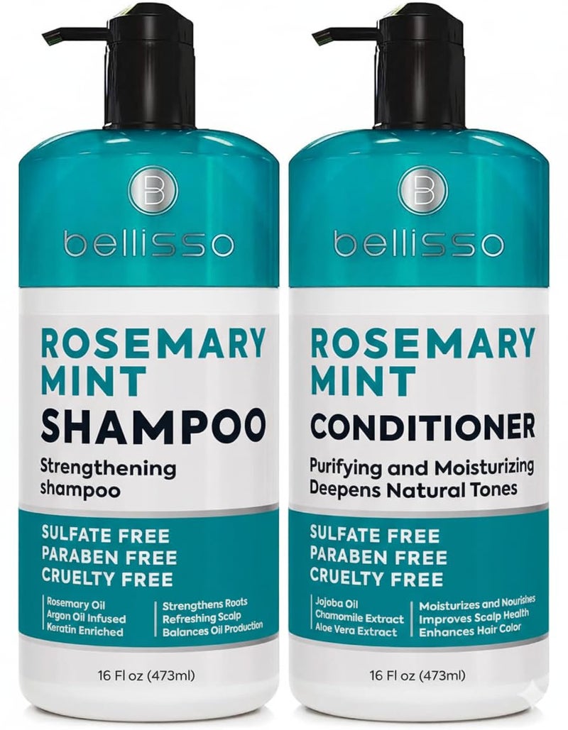 BELLISSO Rosemary Shampoo and Conditioner Set â€“ with Rosemary Oil and Peppermint - Sulfate Free Moisturizing Products for Women and Men, Helps Flaky, Dry Scalp and Dandruff, Salon Thickening for Thinning Hair - Image 1