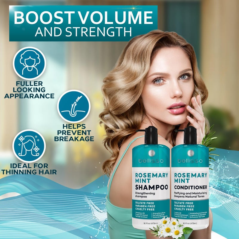 BELLISSO Rosemary Shampoo and Conditioner Set â€“ with Rosemary Oil and Peppermint - Sulfate Free Moisturizing Products for Women and Men, Helps Flaky, Dry Scalp and Dandruff, Salon Thickening for Thinning Hair - Image 2