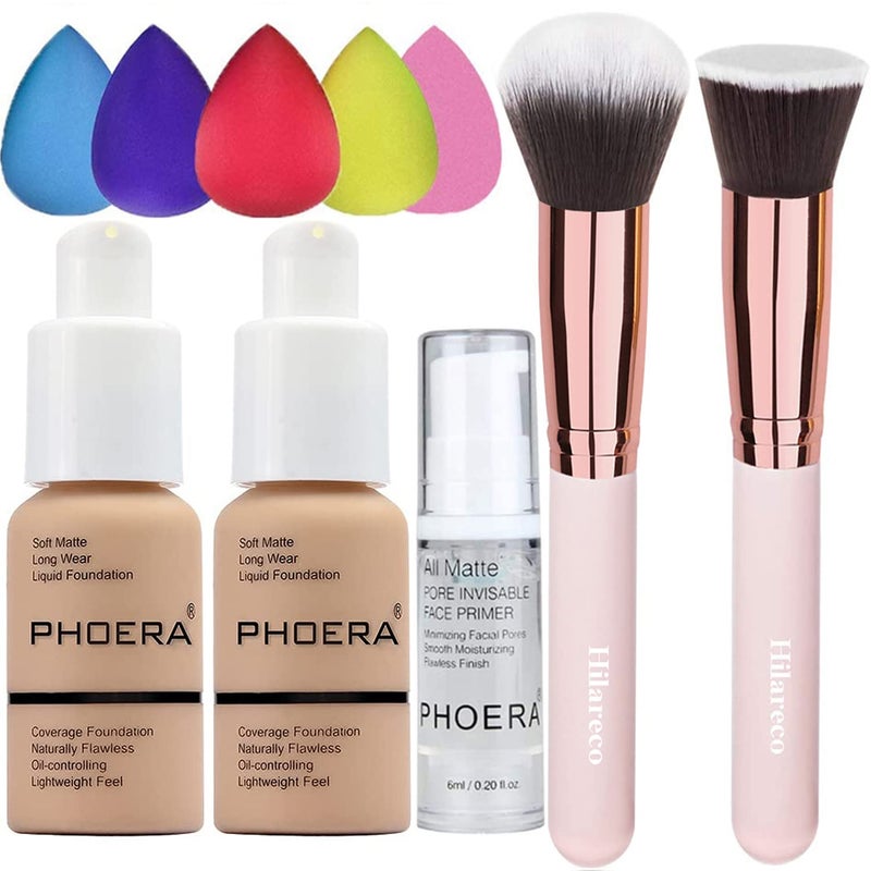 Hilareco 2 Pack PHOERA Foundation Buff Beige 104 and Face Primer,Liquid Full Coverage Foundation Set,Foundation Brush Powder Brush,5 Makeup Sponge,24HR Matte Oil Control Concealer (104- Buff Beige) - Image 1