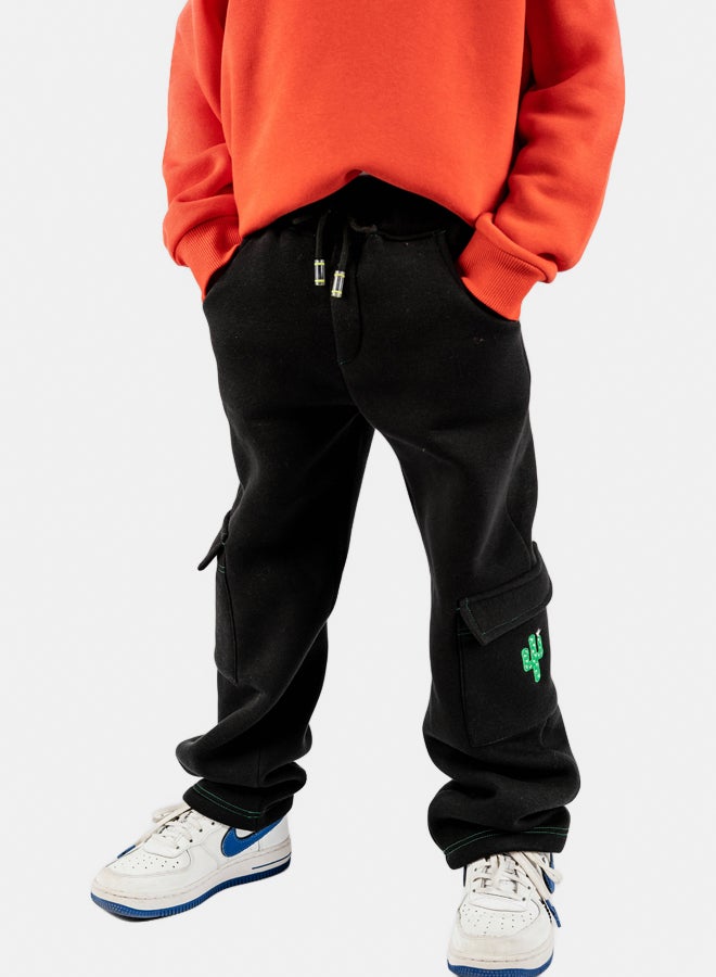 cactus, Boys black cotton cargo pants with cargo pockets and adjustable waist - Image 3