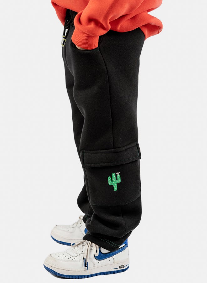 cactus, Boys black cotton cargo pants with cargo pockets and adjustable waist - Image 2