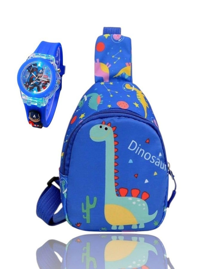 GLITREEPROPS Kids Dinosaur Print Chest Bag and Watch Combo Set, Blue Crossbody Sling Bag with cartoon wrist Watch, Travel and Outdoor Use (dinosaur) - Image 1