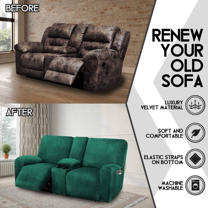 ULTICOR Reclining Love Seat with Middle Console Slipcover, 8-Piece Velvet Stretch Loveseat Reclining Sofa Covers, 2 seat Loveseat Recliner Cover, Thick, Soft, Washable, Loveseat Slipcovers (Retro Green) - Image 5