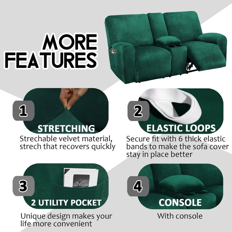 ULTICOR Reclining Love Seat with Middle Console Slipcover, 8-Piece Velvet Stretch Loveseat Reclining Sofa Covers, 2 seat Loveseat Recliner Cover, Thick, Soft, Washable, Loveseat Slipcovers (Retro Green) - Image 4