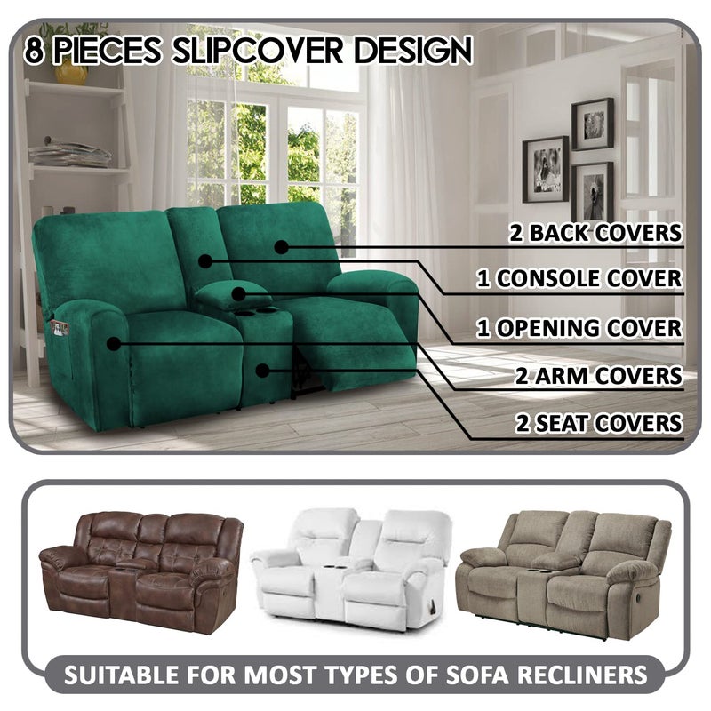 ULTICOR Reclining Love Seat with Middle Console Slipcover, 8-Piece Velvet Stretch Loveseat Reclining Sofa Covers, 2 seat Loveseat Recliner Cover, Thick, Soft, Washable, Loveseat Slipcovers (Retro Green) - Image 2