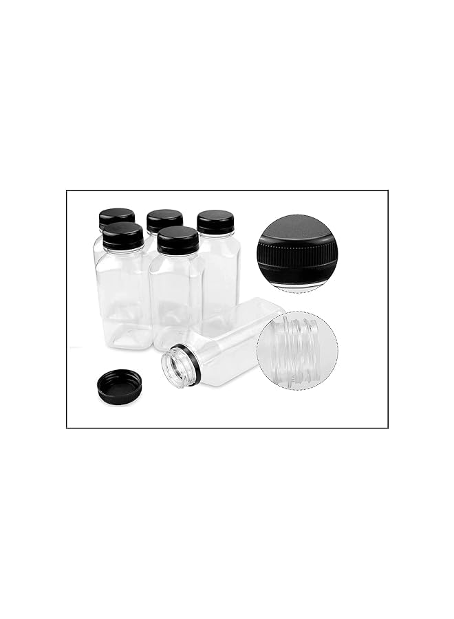 Green Tiger 24Pcs Empty Plastic Reusable Square Shape Transparent 200ml/6Oz Bottles With Black Caps For Juice, Milk, Water and Many More, Size 13 x 4.5 cm - Image 4