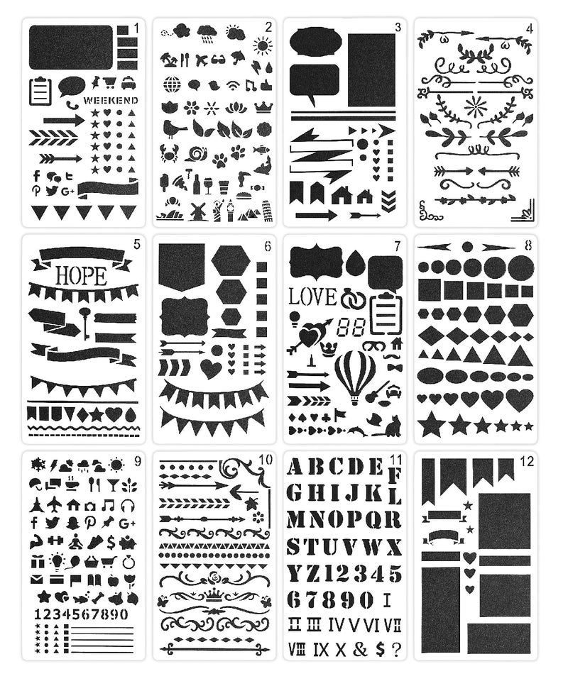 Mr. Pen Mr Pen 12 Pack Journal Stencils 4x7 Inch Bullet Journaling Supplies Stencil Set for Planners 