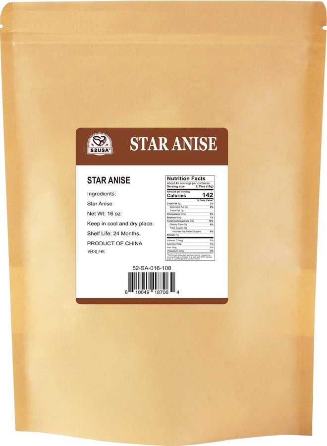 52USA Star Anise, 16 Ounce (Pack of 1), NON-GMO Verified Chinese Star Anise Whole, Dried Star Anise Pods for Tea and baking - Image 2