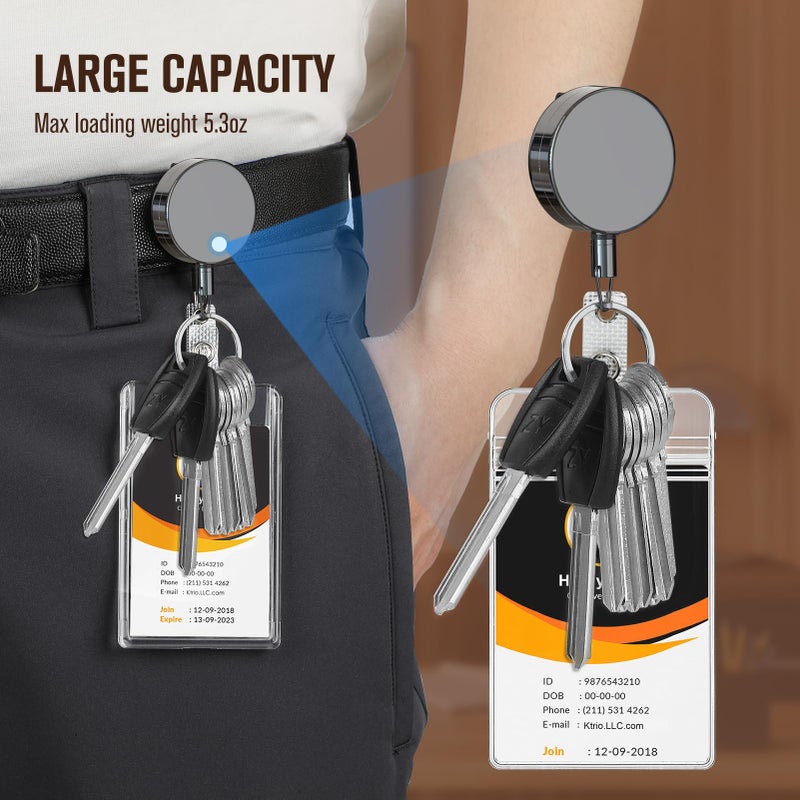 KTRIO 2 Pack Heavy Duty Badge Reel Retractable Badge Holder, Metal Keychain ID Badge Holder Reels with Belt Clip Key Ring Reinforced Steel Cord for Key Name Card Holder - Image 4