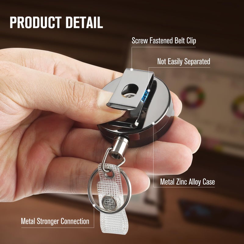 KTRIO 2 Pack Heavy Duty Badge Reel Retractable Badge Holder, Metal Keychain ID Badge Holder Reels with Belt Clip Key Ring Reinforced Steel Cord for Key Name Card Holder - Image 2