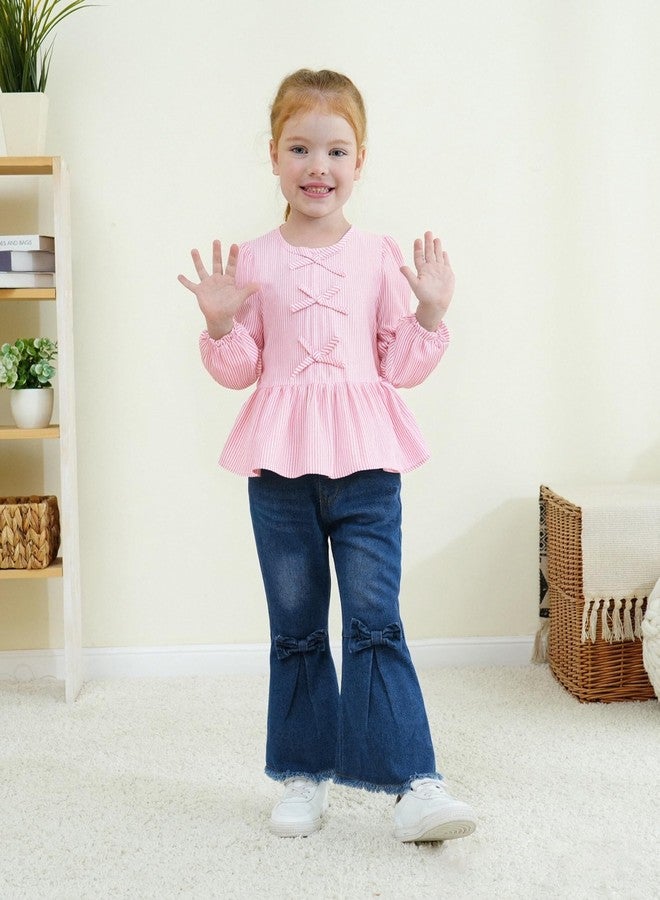 SODLON Toddler Baby Girl Clothes, Little Girls Fall Winter Outfits Clothing, Bow Shirt Flared Denim Pants Bell Bottom Jeans, Light Pink, 12-18 Months - Image 2
