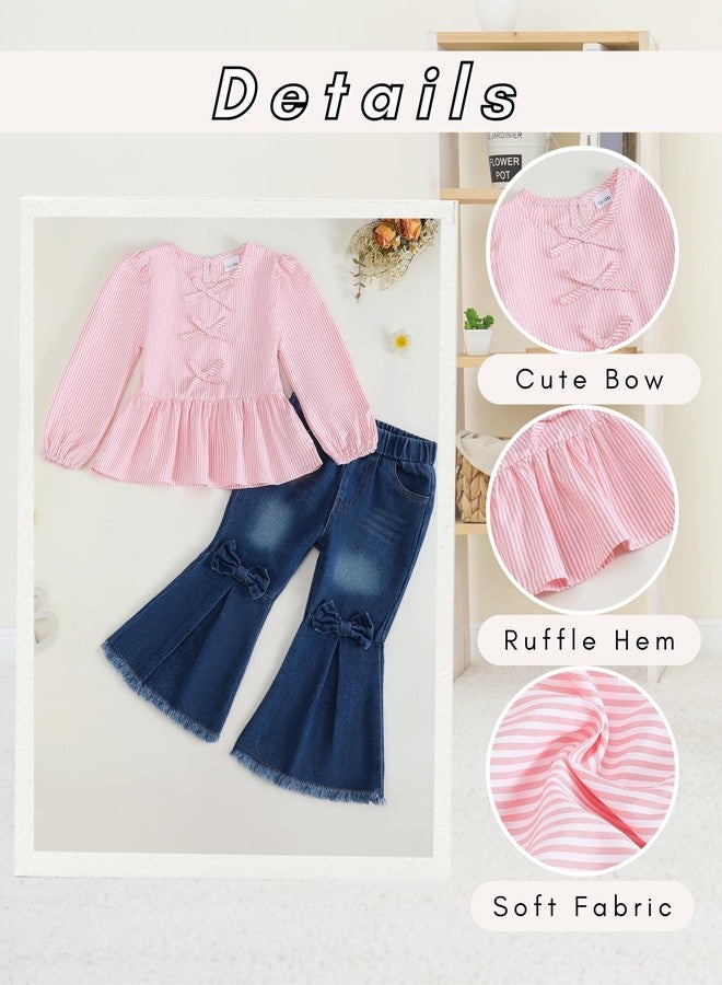 SODLON Toddler Baby Girl Clothes, Little Girls Fall Winter Outfits Clothing, Bow Shirt Flared Denim Pants Bell Bottom Jeans, Light Pink, 12-18 Months - Image 5