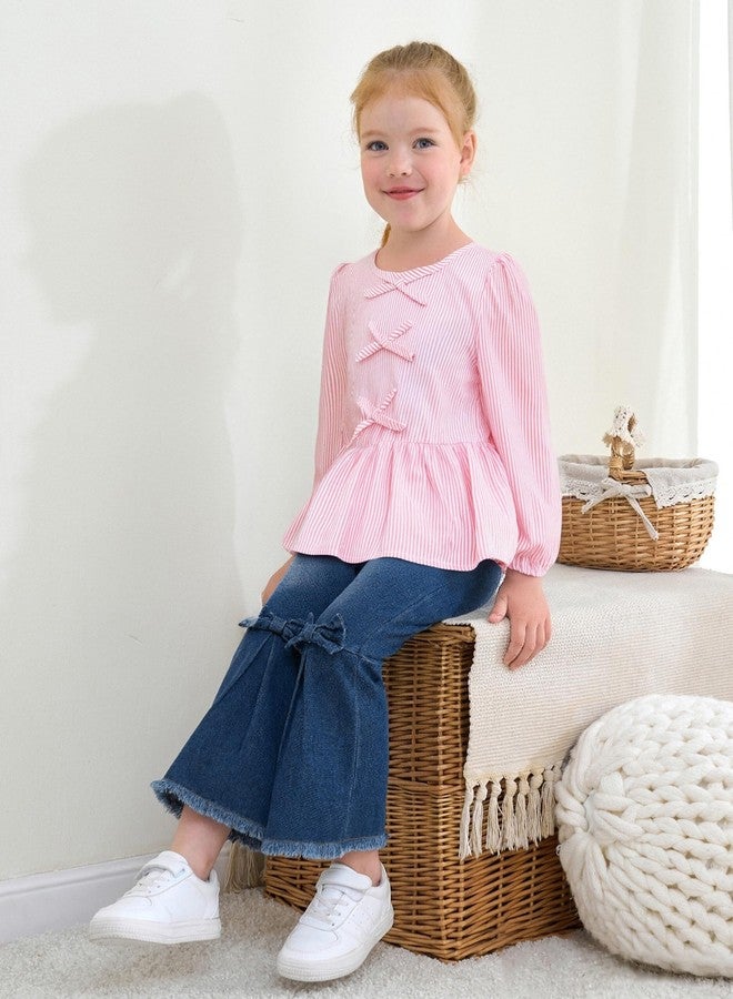 SODLON Toddler Baby Girl Clothes, Little Girls Fall Winter Outfits Clothing, Bow Shirt Flared Denim Pants Bell Bottom Jeans, Light Pink, 12-18 Months - Image 4